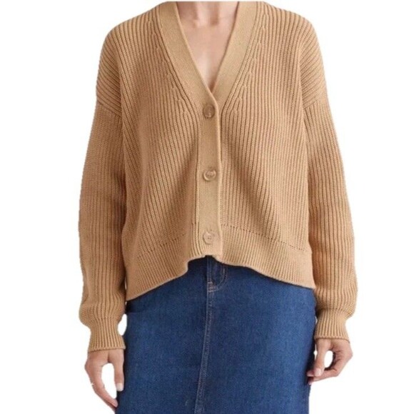 Quince Organic Cotton Fisherman Boxy Cardigan Sweater Oversized Medium Camel New - Picture 1 of 10
